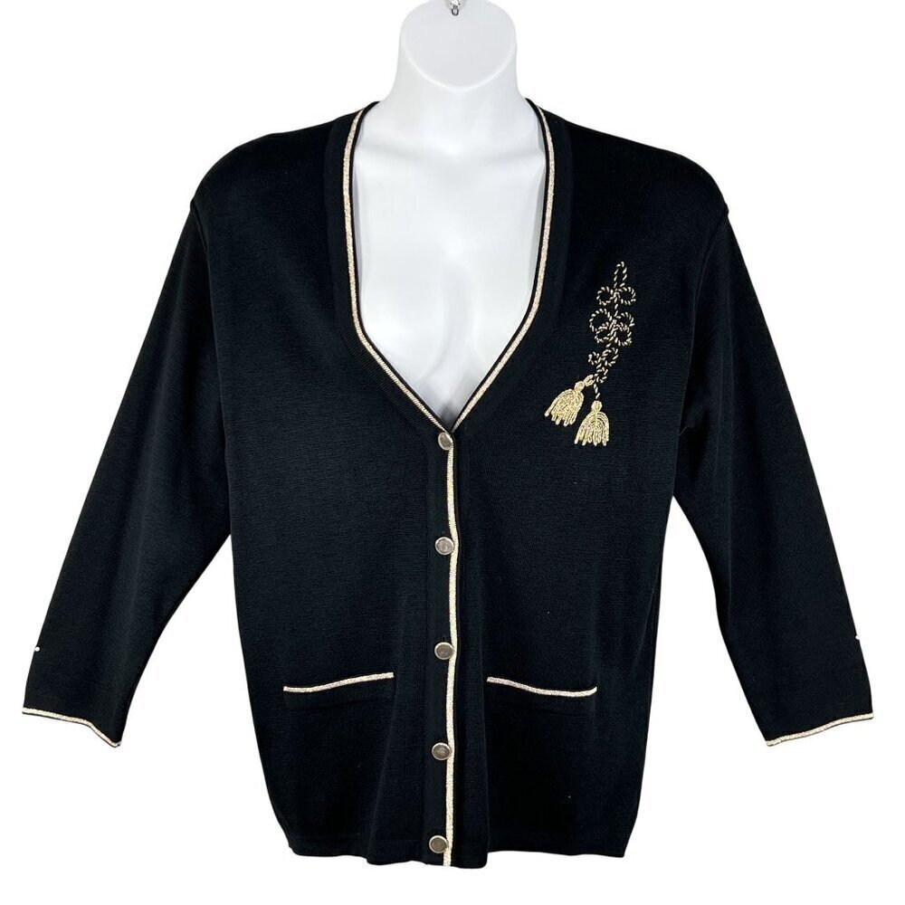 Talbots Womens XL Black Wool Cardigan Gold Embroidery Italy Made Button Up Artsy